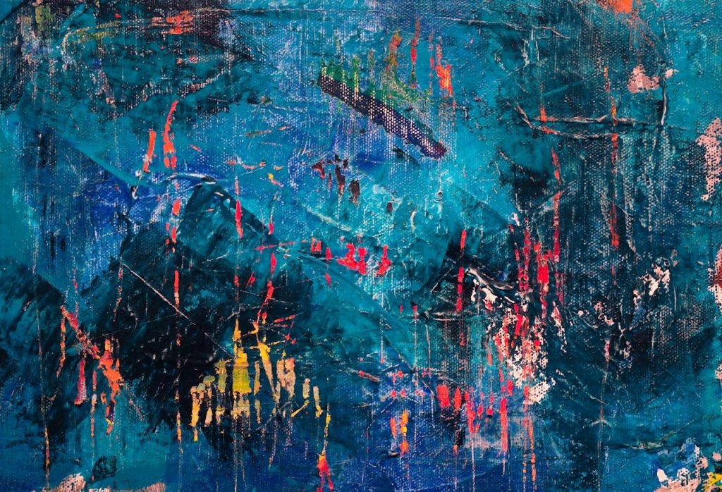 Dynamic blue abstract painting with expressive brushstrokes in acrylic on canvas.